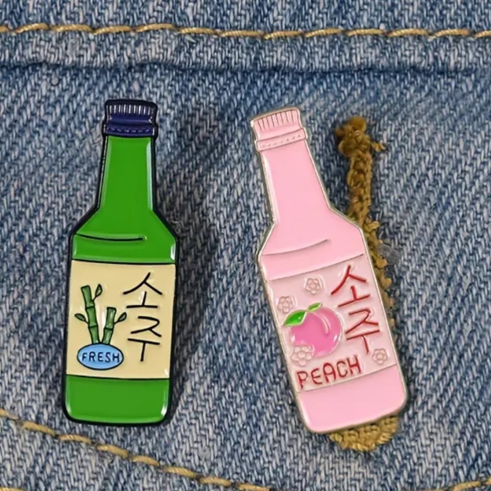 Korean Soju Bottle Enamel Pins, Peach Korean Soju